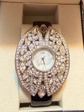 CW Crystal-Embellished Silver Women's Watch with Black Strap Swarovski crystal